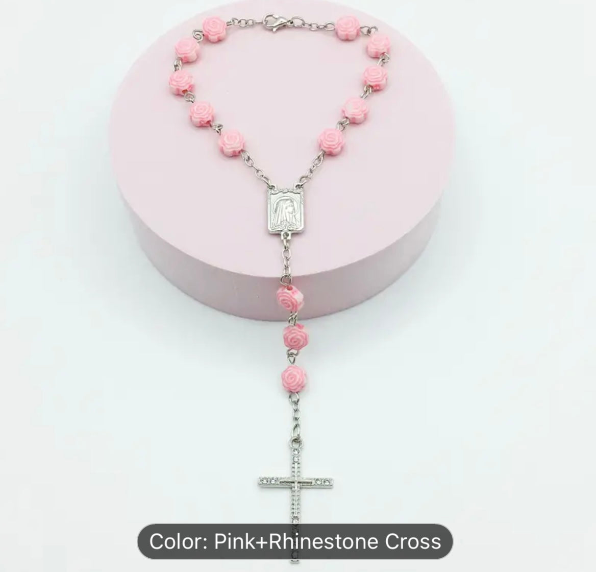 Pink rosary for car