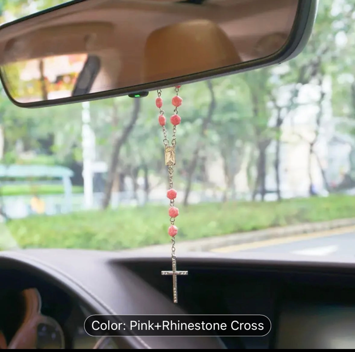 Pink rosary for car