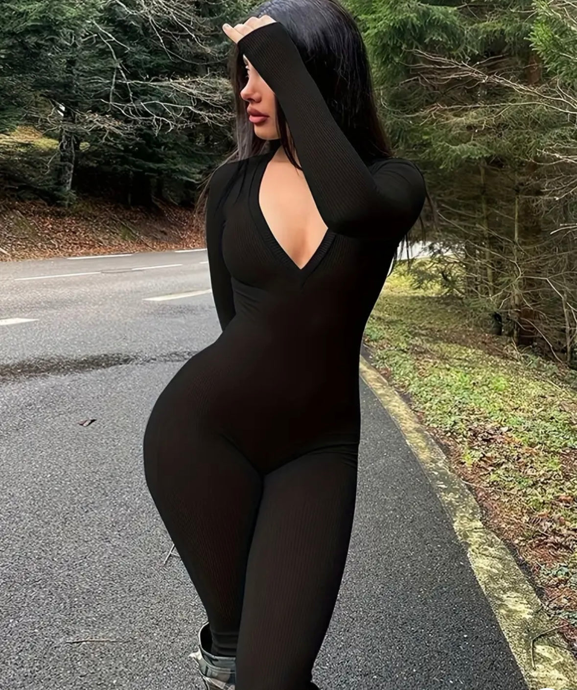 Black ribbed body suit